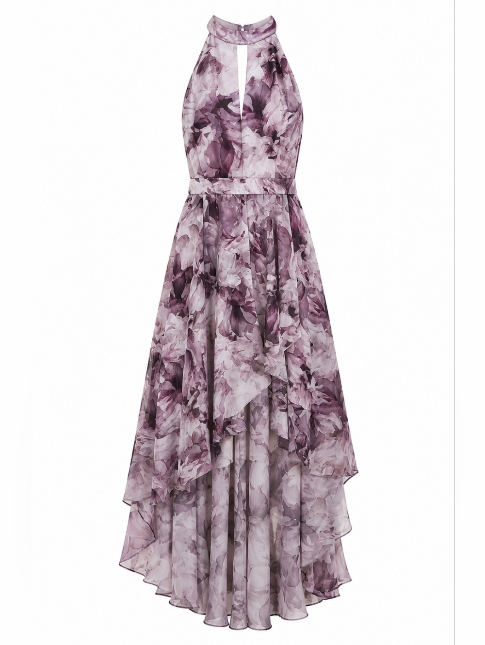 Sleeveless Floral Halter High-Low Dress in Mauve